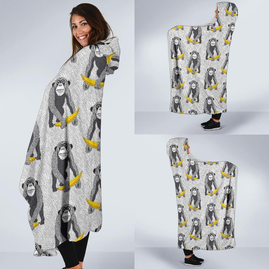 Chimp Monkey Banana Pattern Print Hooded Blanket-grizzshop