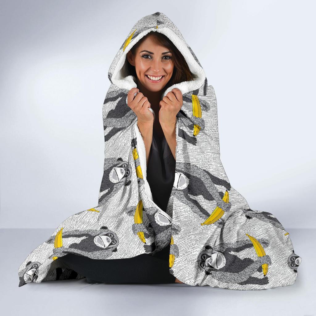 Chimp Monkey Banana Pattern Print Hooded Blanket-grizzshop