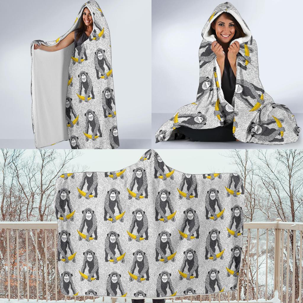 Chimp Monkey Banana Pattern Print Hooded Blanket-grizzshop