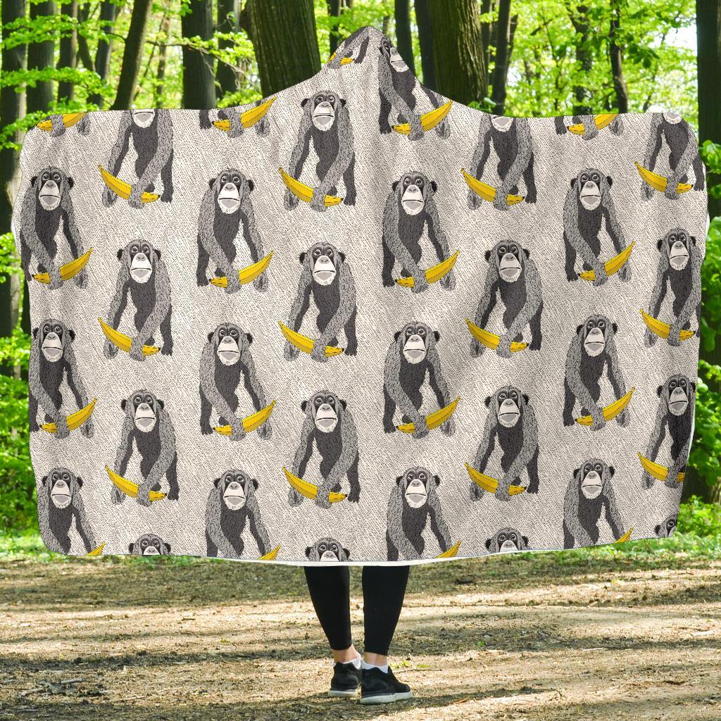 Chimp Monkey Banana Pattern Print Hooded Blanket-grizzshop