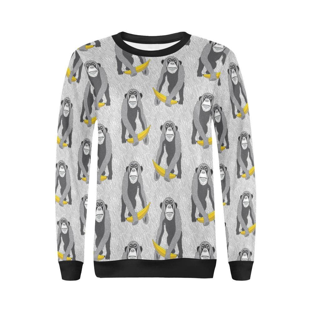 Chimp Monkey Banana Pattern Print Women Crewneck Sweatshirt-grizzshop