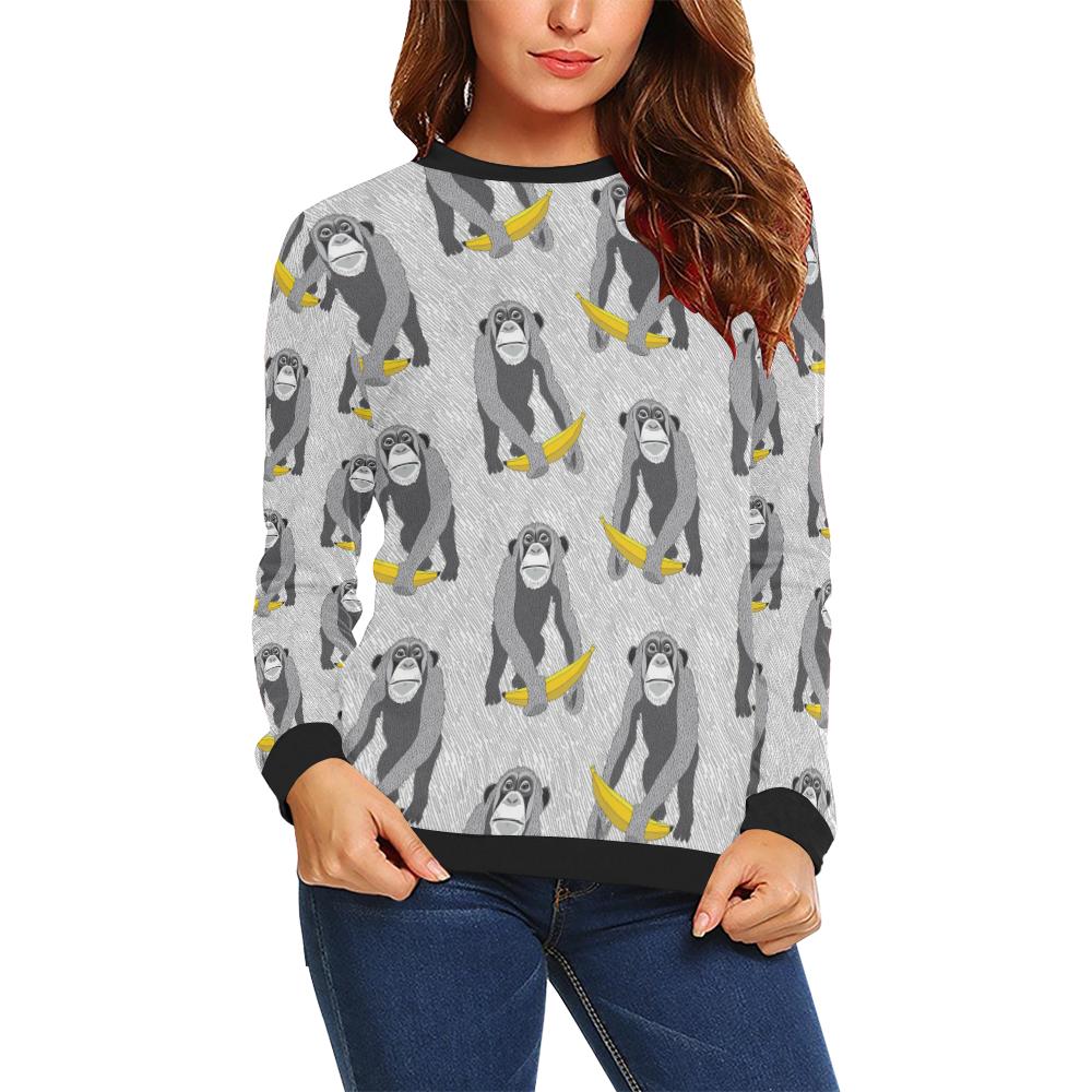 Chimp Monkey Banana Pattern Print Women Crewneck Sweatshirt-grizzshop