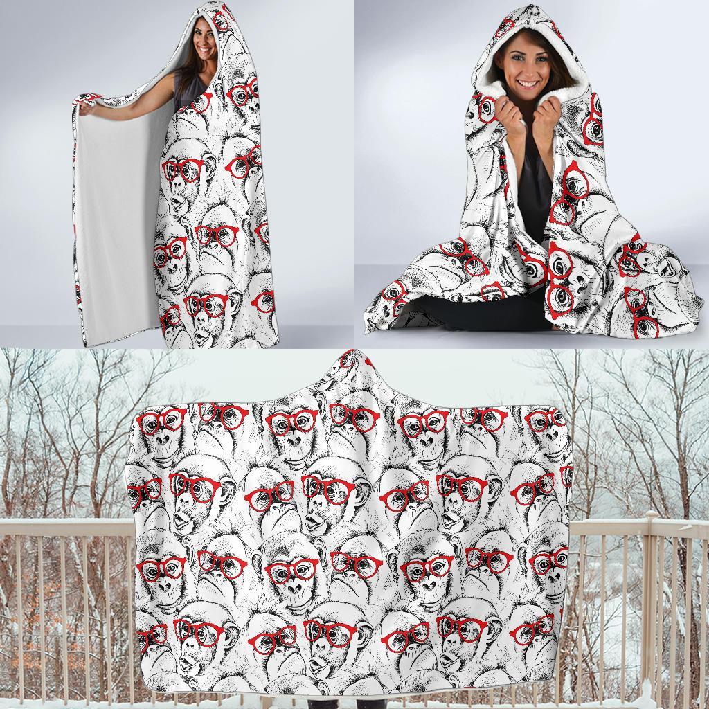 Chimp Monkey Pattern Print Hooded Blanket-grizzshop