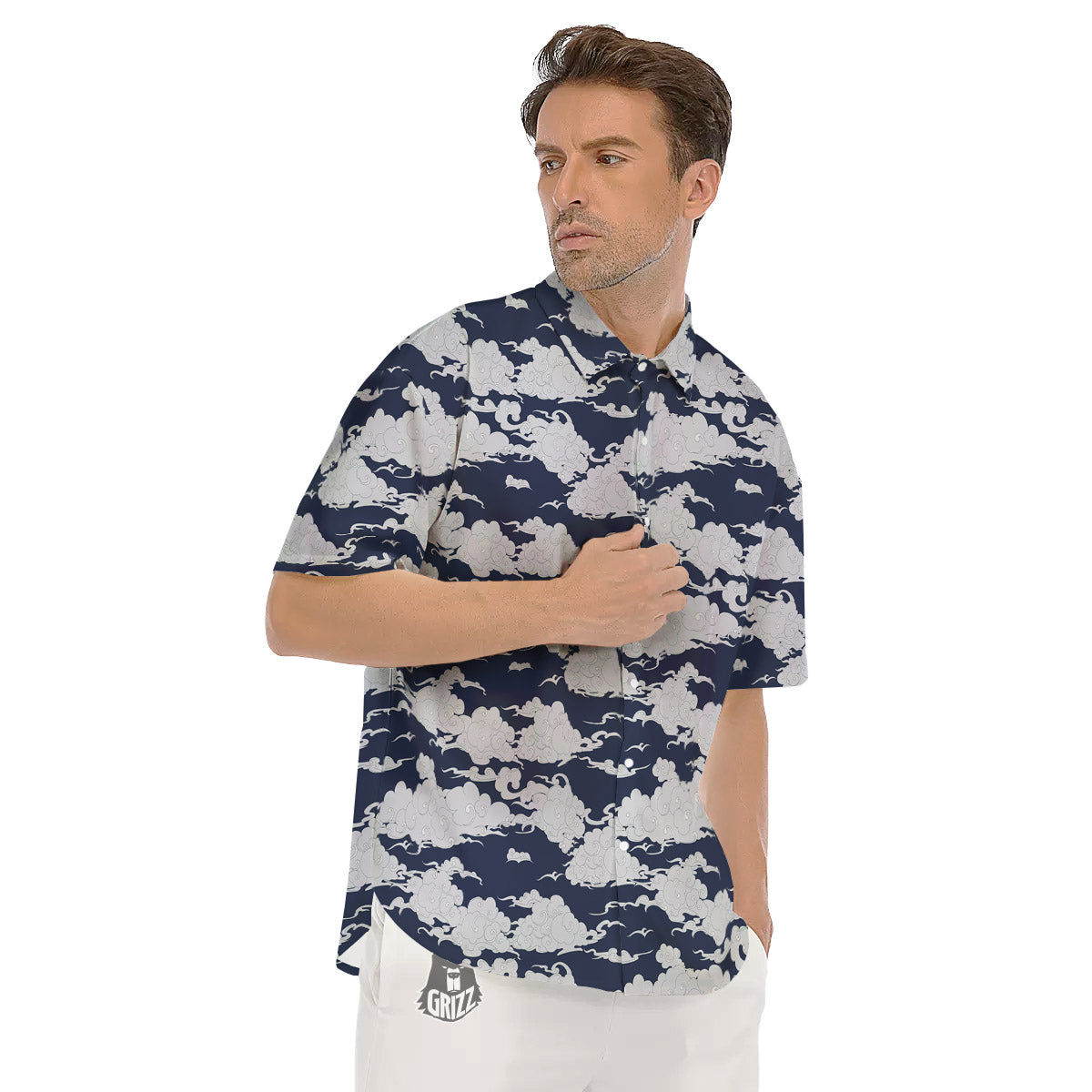 Chinese Cloud Print Pattern Men's Short Sleeve Shirts-grizzshop