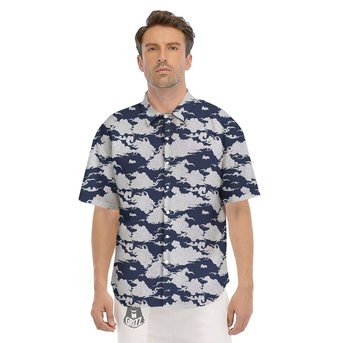 Chinese Cloud Print Pattern Men's Short Sleeve Shirts-grizzshop