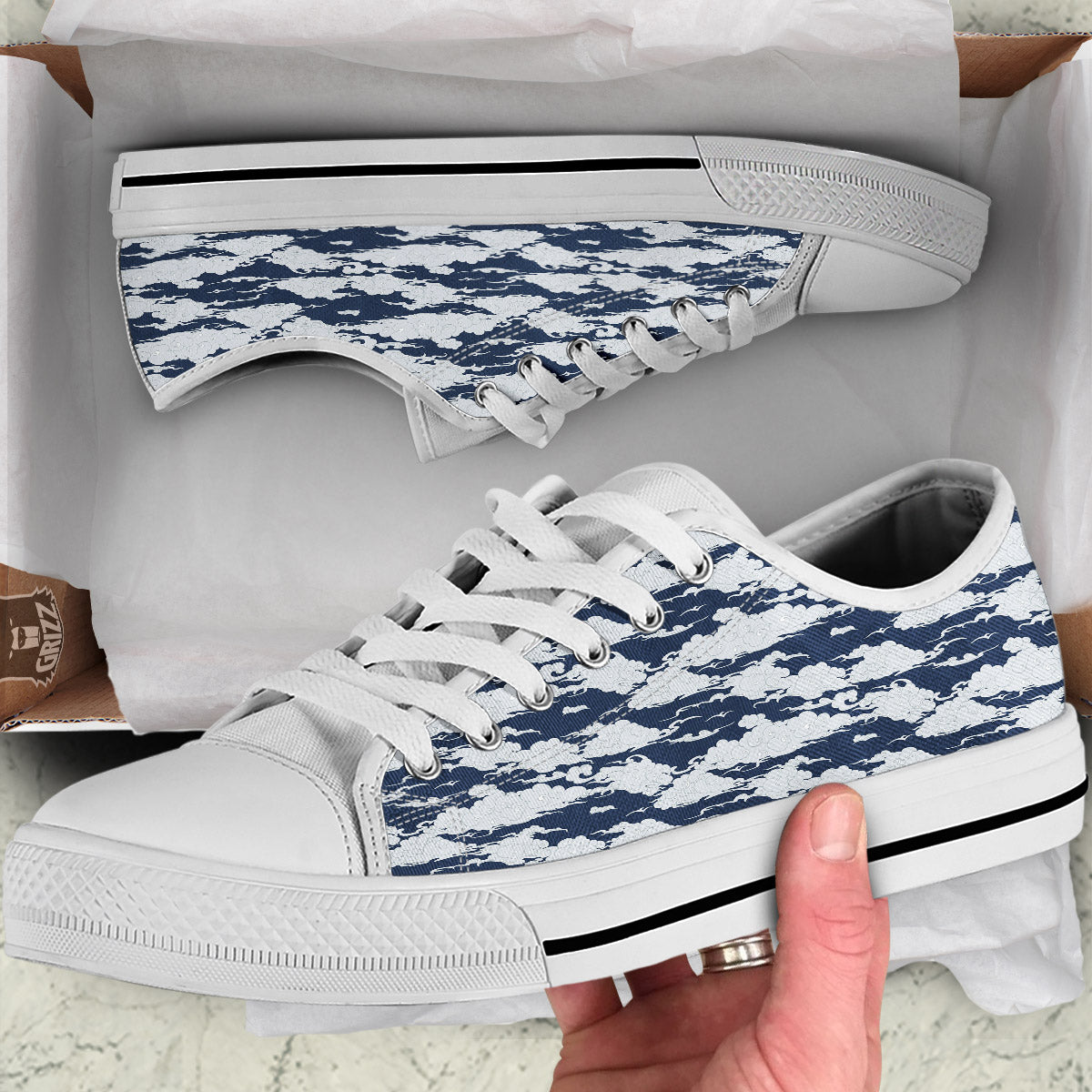 Chinese Cloud Print Pattern White Low Top Shoes-grizzshop