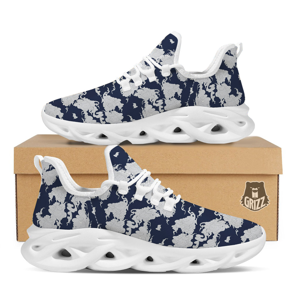 Chinese Cloud Print Pattern White Running Shoes-grizzshop