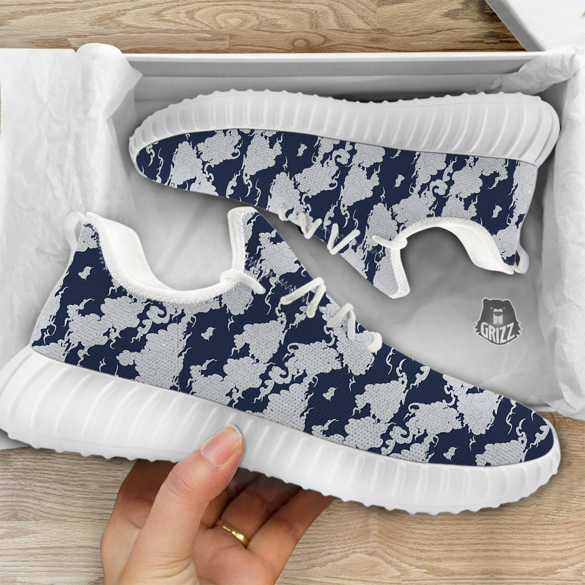 Chinese Cloud Print Pattern White Walking Shoes-grizzshop