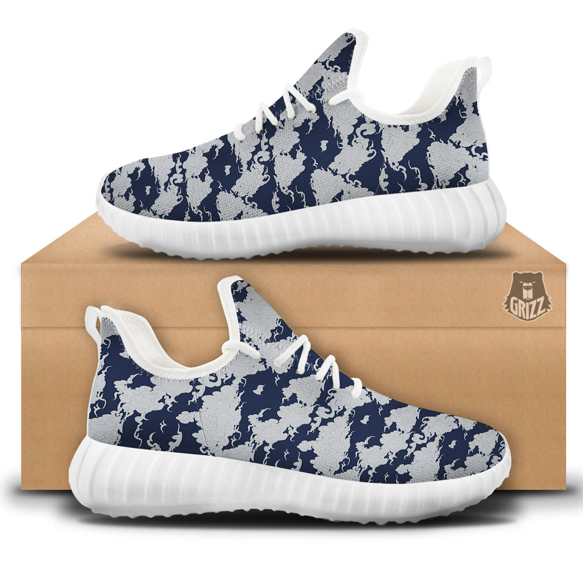 Chinese Cloud Print Pattern White Walking Shoes-grizzshop