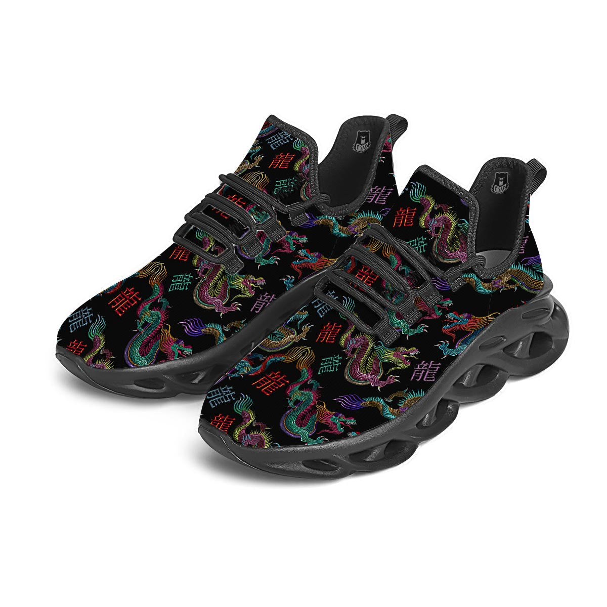 Chinese Dragon Character Print Black Running Shoes-grizzshop