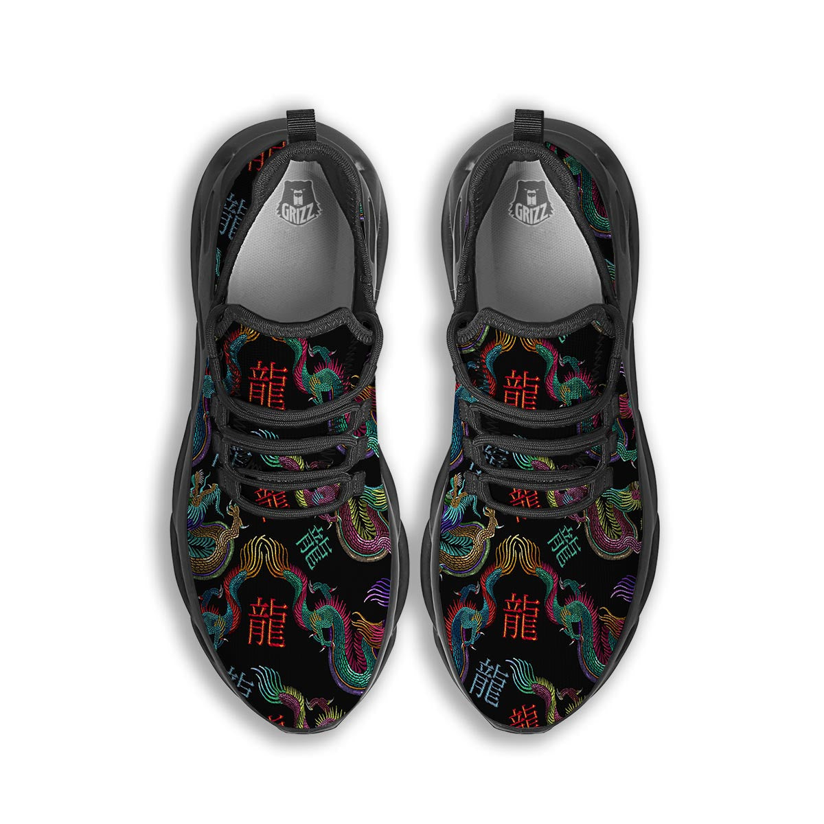 Chinese Dragon Character Print Black Running Shoes-grizzshop