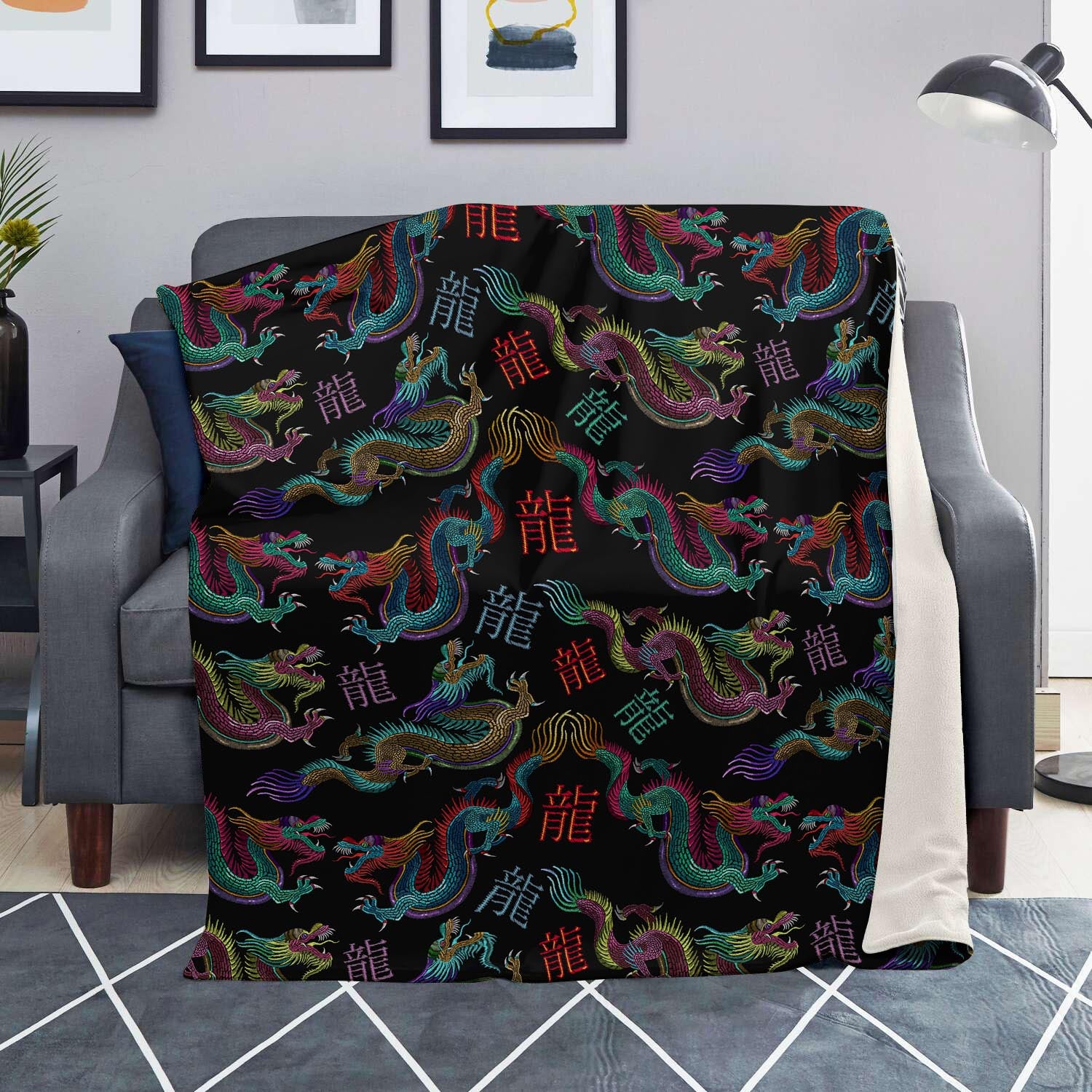 Chinese Dragon Character Print Blanket-grizzshop