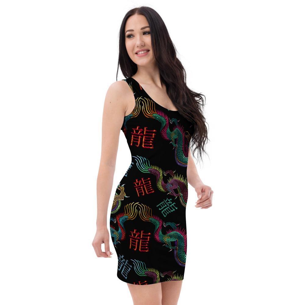 Chinese Dragon Character Print Bodycon Dress-grizzshop