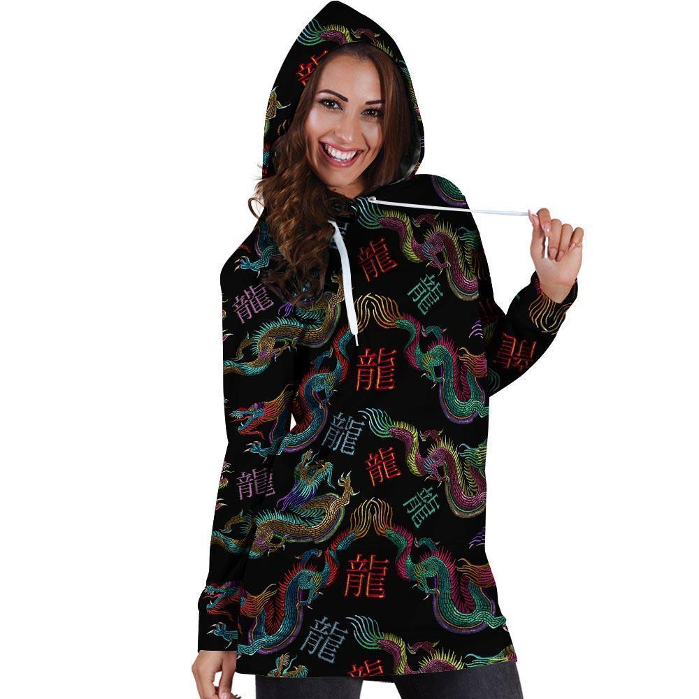 Chinese Dragon Character Print Hoodie Dress-grizzshop