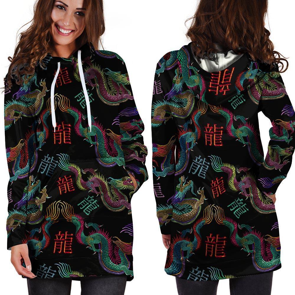 Chinese Dragon Character Print Hoodie Dress-grizzshop