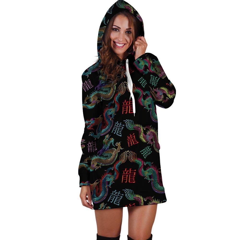 Chinese Dragon Character Print Hoodie Dress-grizzshop