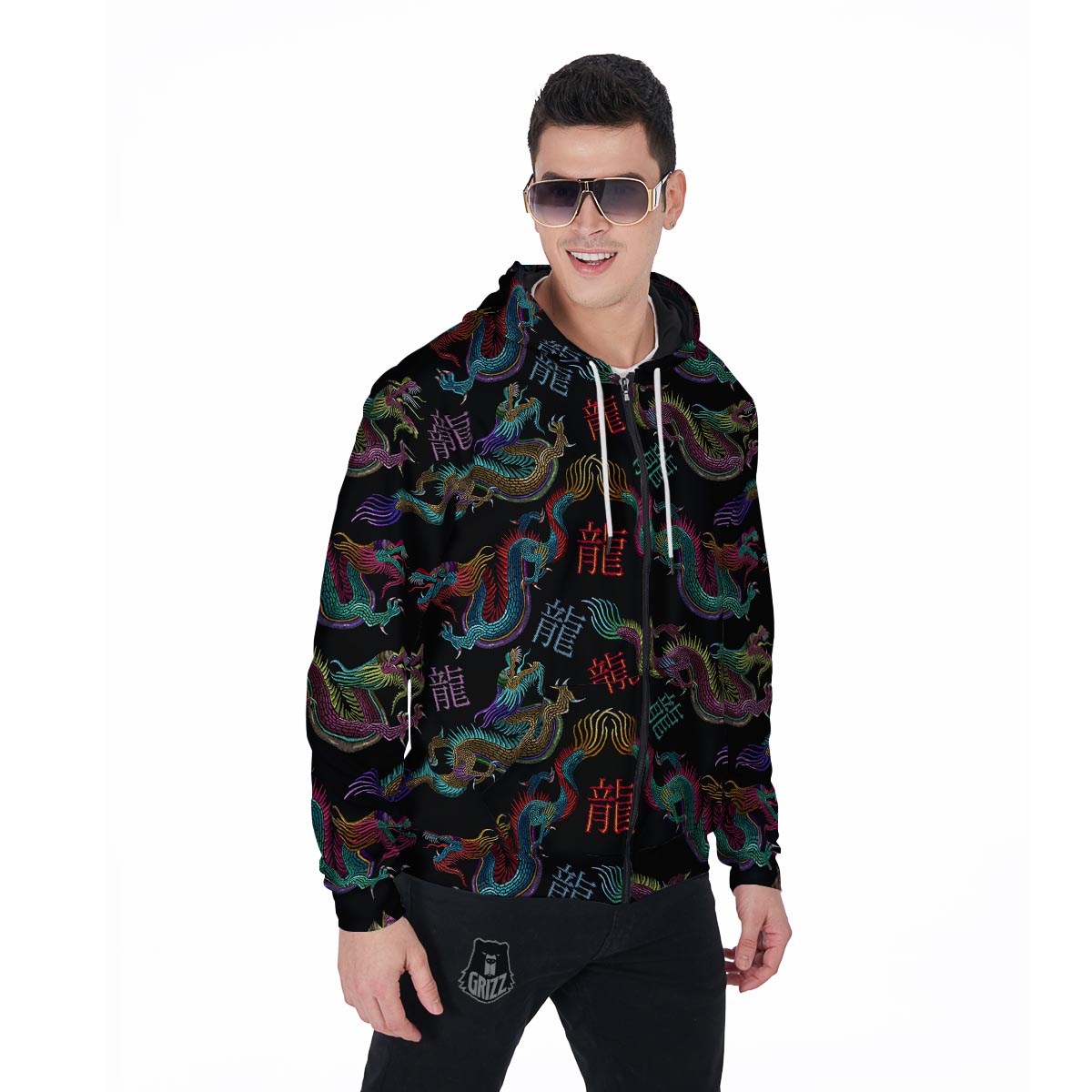 Chinese Dragon Character Print Men's Zip Up Hoodie-grizzshop