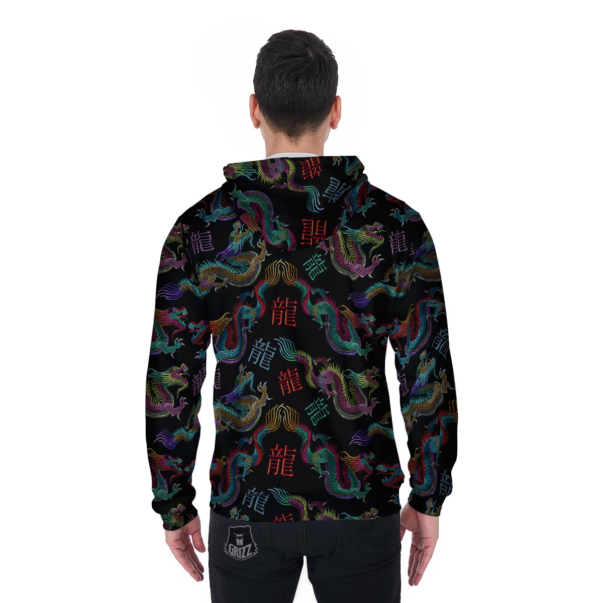 Chinese Dragon Character Print Men's Zip Up Hoodie-grizzshop