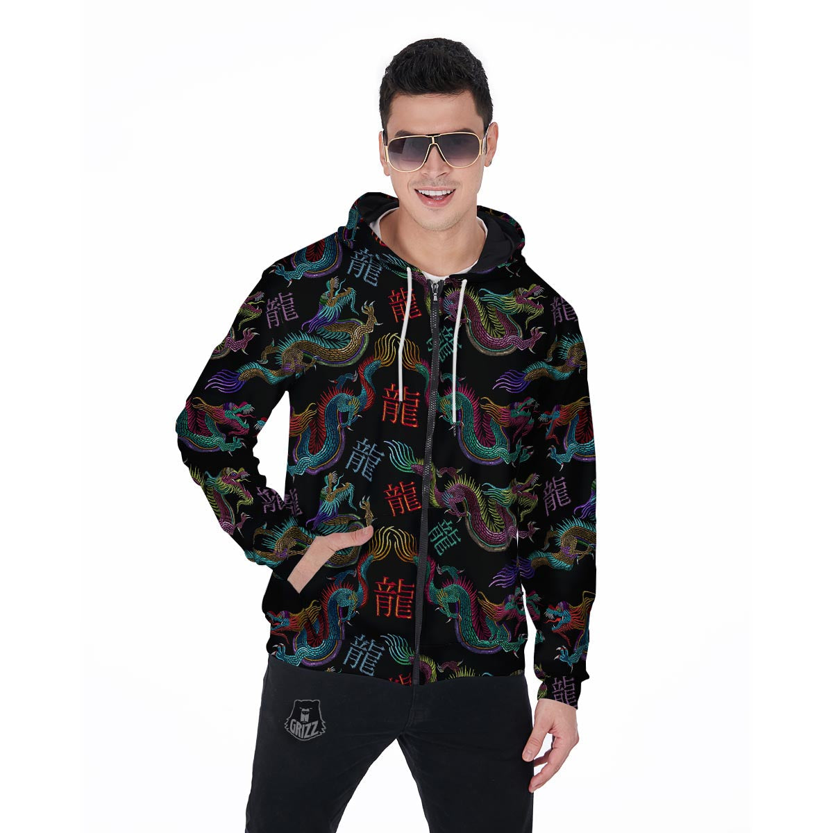 Chinese Dragon Character Print Men's Zip Up Hoodie-grizzshop