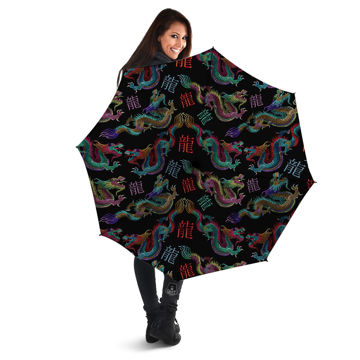 Chinese Dragon Character Print Umbrella-grizzshop