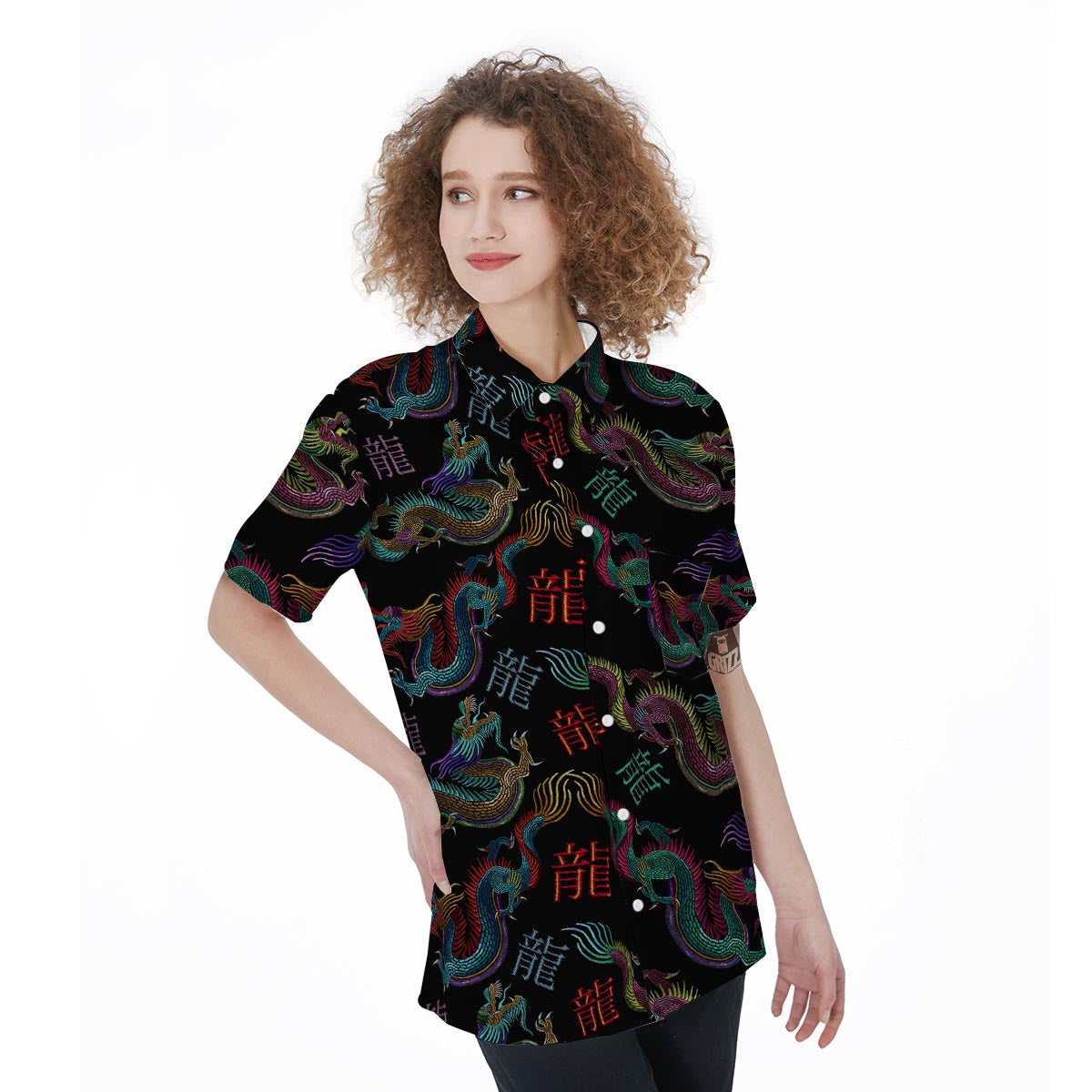 Chinese Dragon Character Print Women's Short Sleeve Shirts-grizzshop