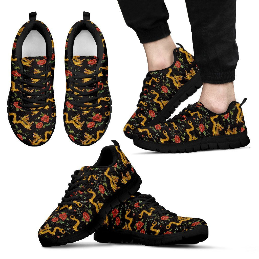 Chinese Dragon Rose Pattern Print Black Sneaker Shoes For Men Women-grizzshop