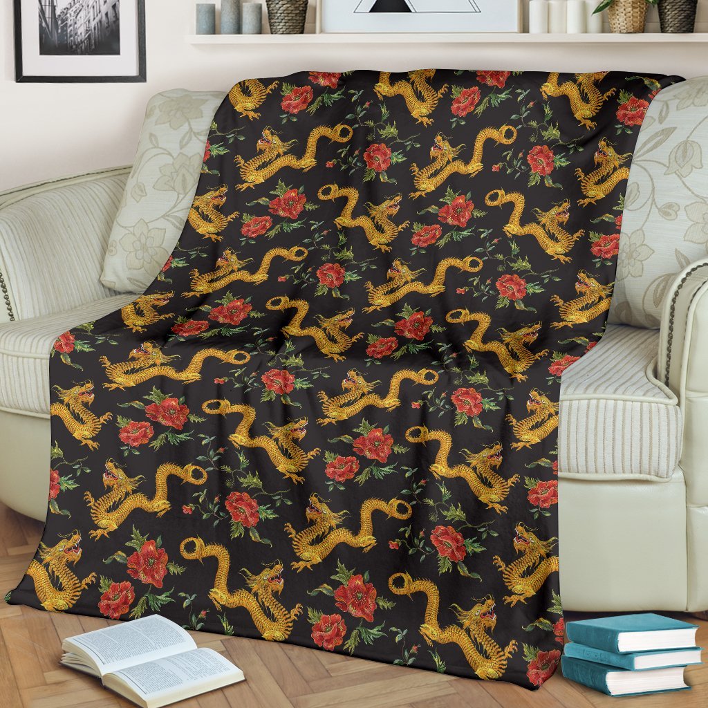 Chinese Dragon Rose Pattern Print Blanket-grizzshop
