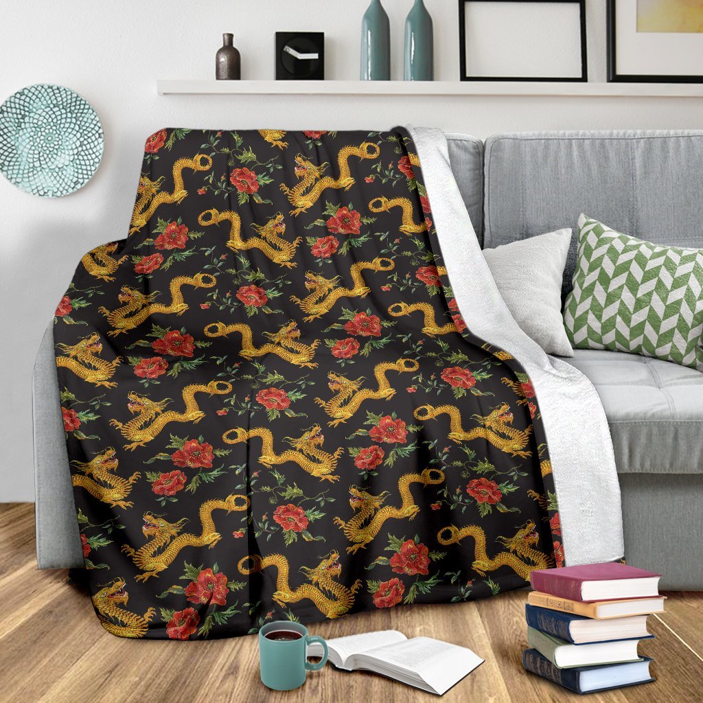 Chinese Dragon Rose Pattern Print Blanket-grizzshop