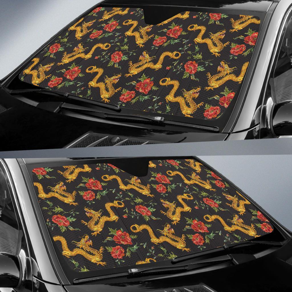 Chinese Dragon Rose Pattern Print Car Sun Shade-grizzshop