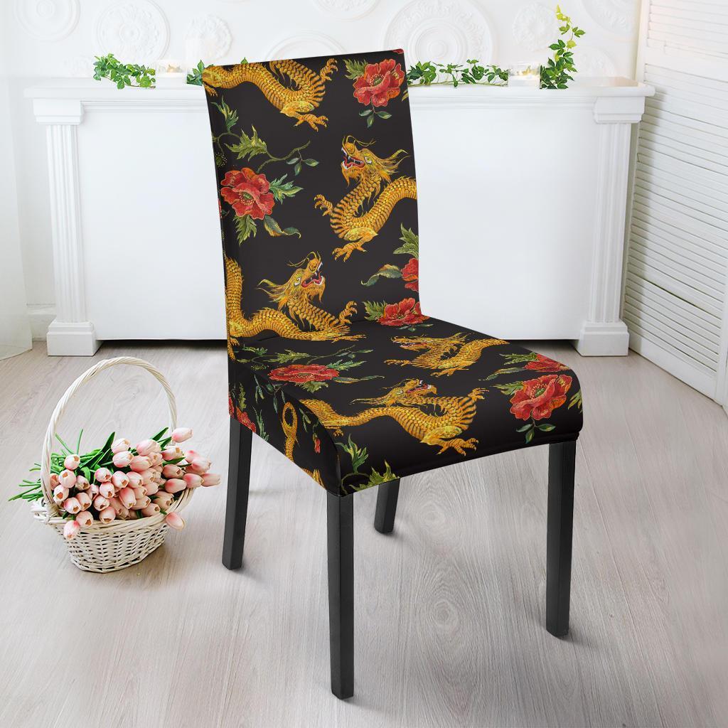 Chinese Dragon Rose Pattern Print Chair Cover-grizzshop