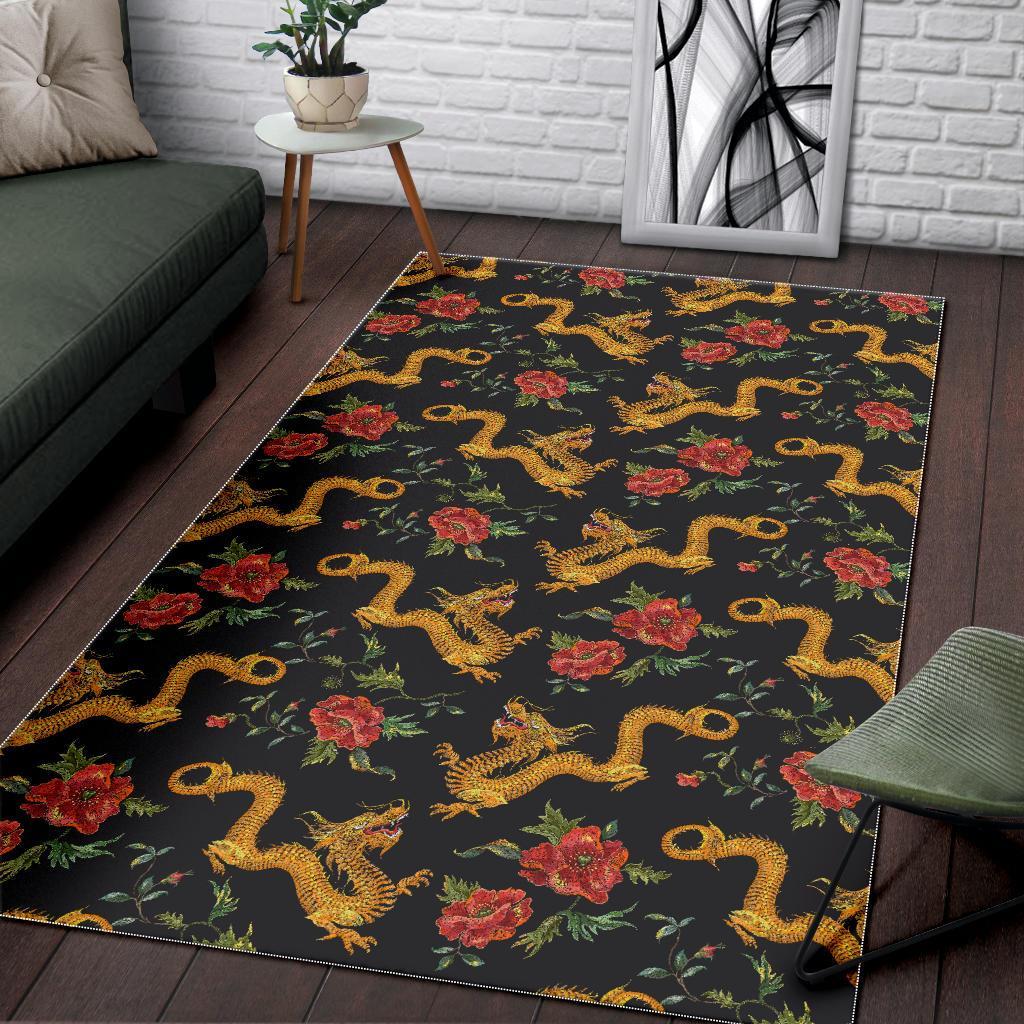 Chinese Dragon Rose Pattern Print Floor Mat-grizzshop