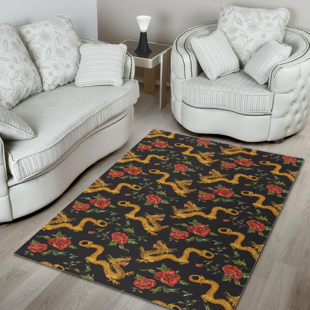 Chinese Dragon Rose Pattern Print Floor Mat-grizzshop