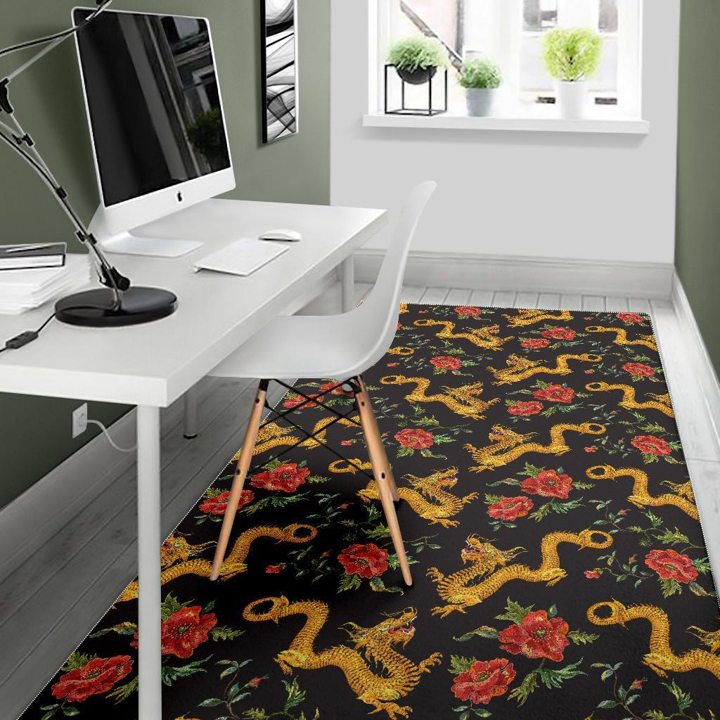 Chinese Dragon Rose Pattern Print Floor Mat-grizzshop