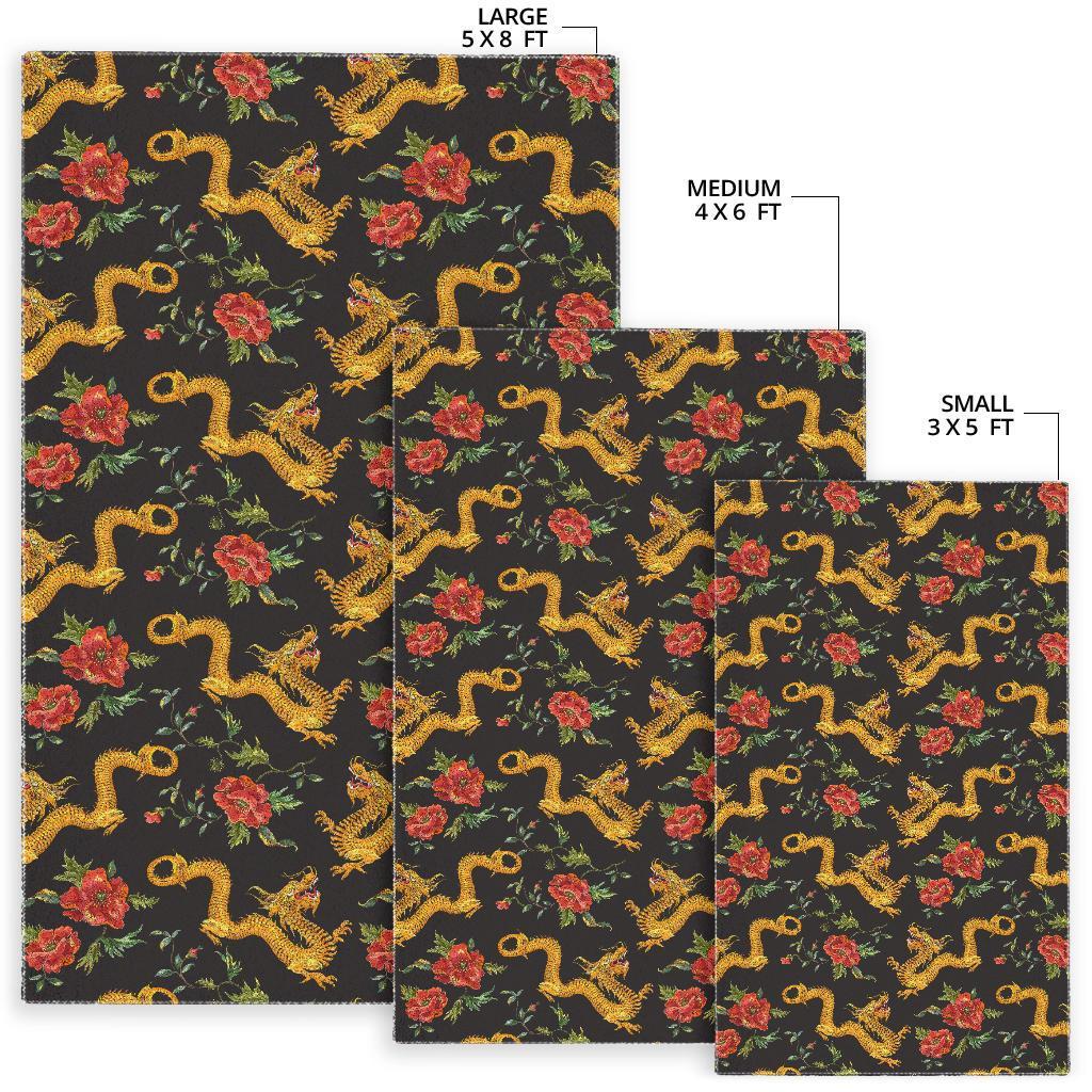 Chinese Dragon Rose Pattern Print Floor Mat-grizzshop