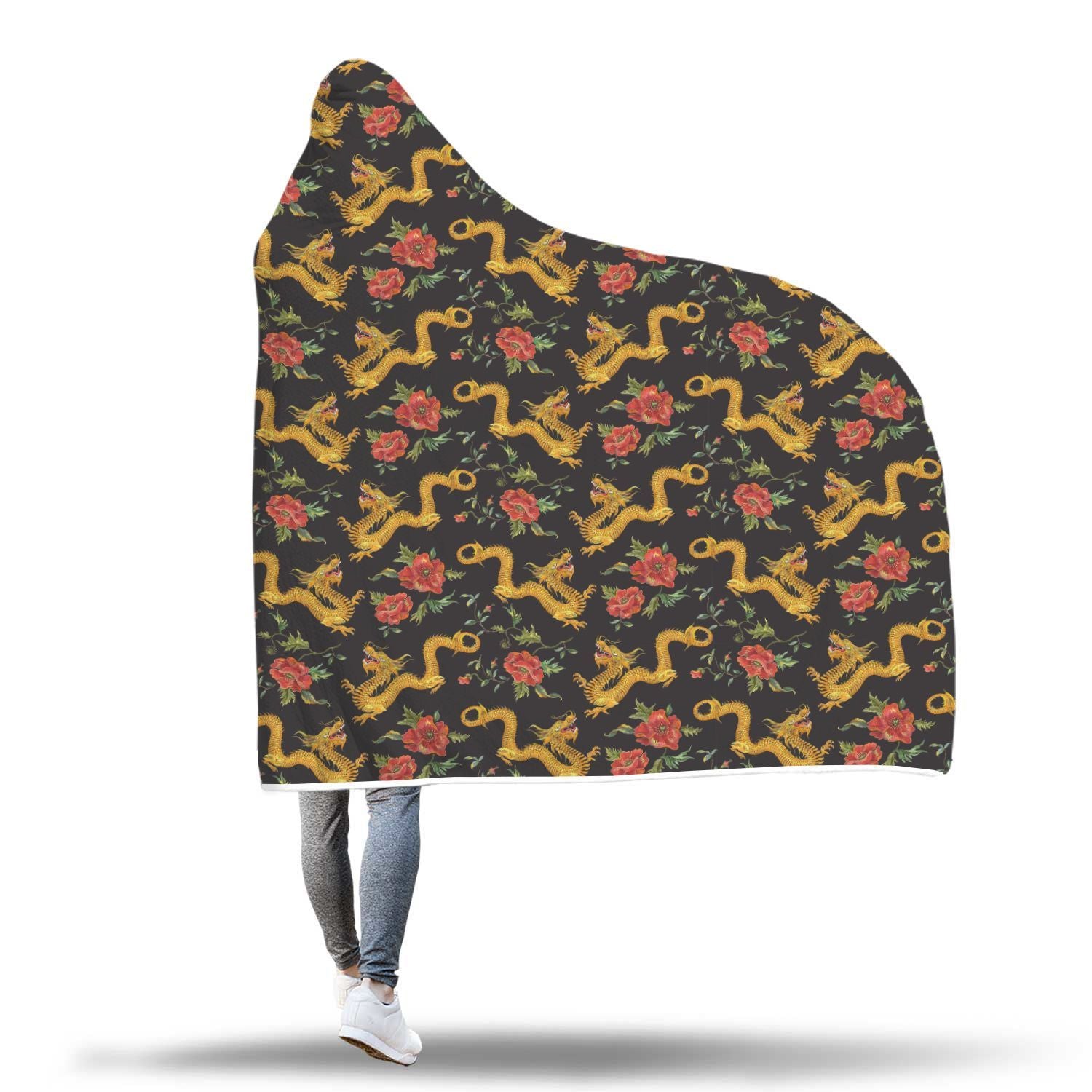 Chinese Dragon Rose Pattern Print Hooded Blanket-grizzshop