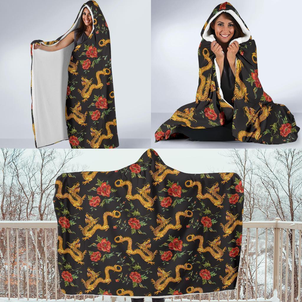 Chinese Dragon Rose Pattern Print Hooded Blanket-grizzshop