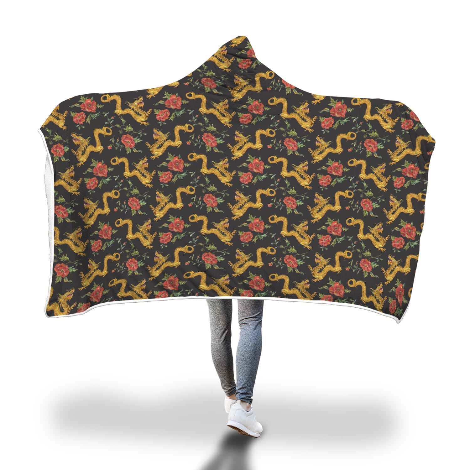 Chinese Dragon Rose Pattern Print Hooded Blanket-grizzshop