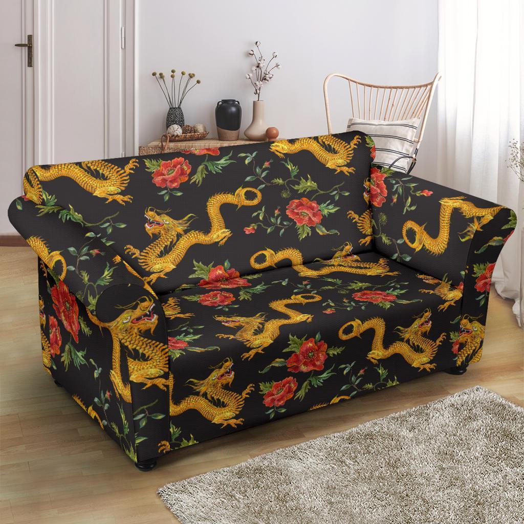 Chinese Dragon Rose Pattern Print Loveseat Cover-grizzshop