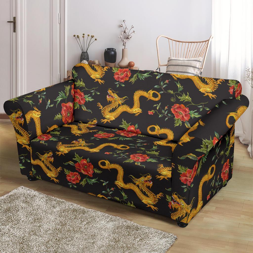 Chinese Dragon Rose Pattern Print Loveseat Cover-grizzshop