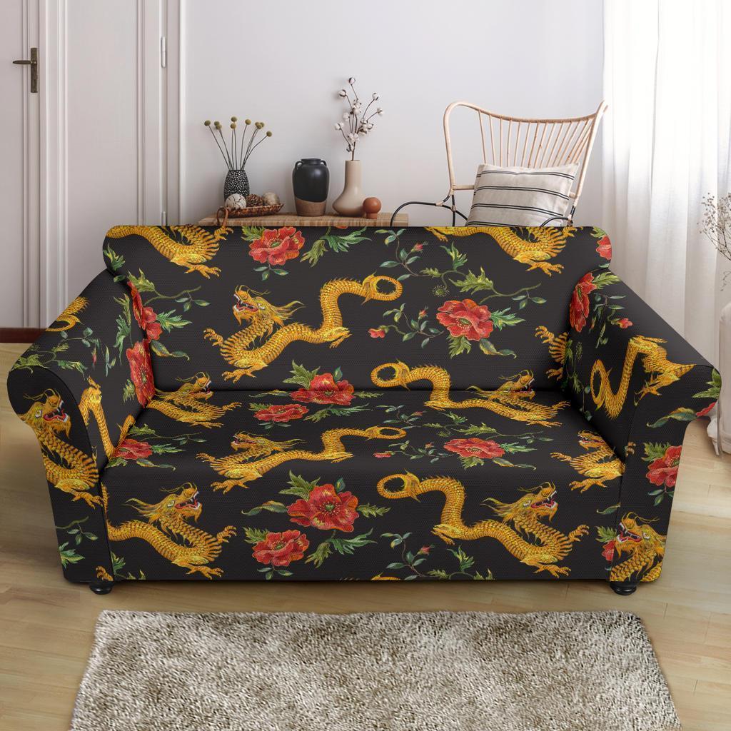 Chinese Dragon Rose Pattern Print Loveseat Cover-grizzshop