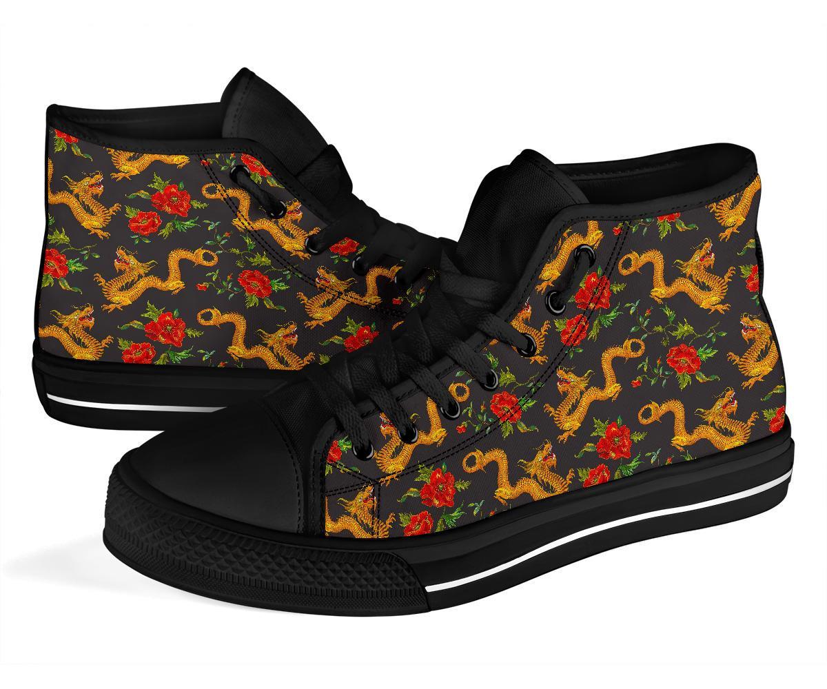 Chinese Dragon Rose Pattern Print Men Women's High Top Shoes-grizzshop