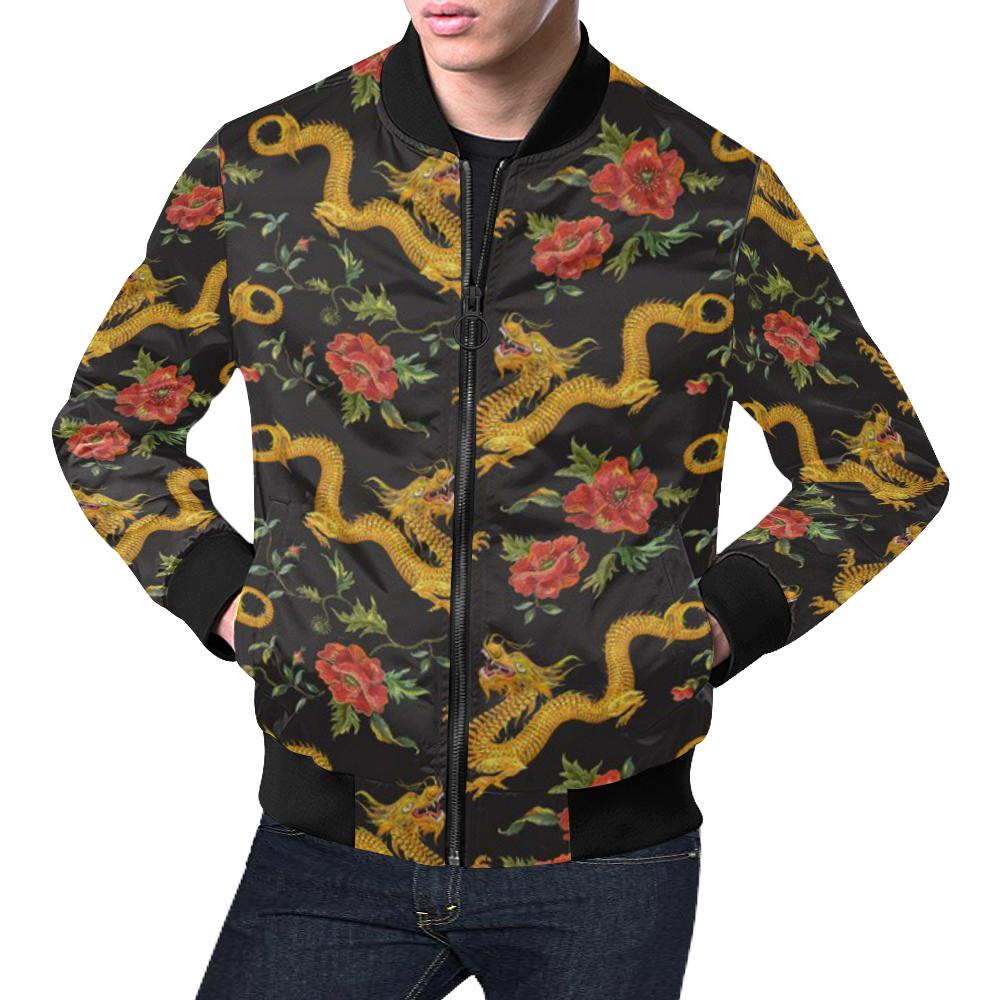 Chinese Dragon Rose Pattern Print Men's Bomber Jacket-grizzshop