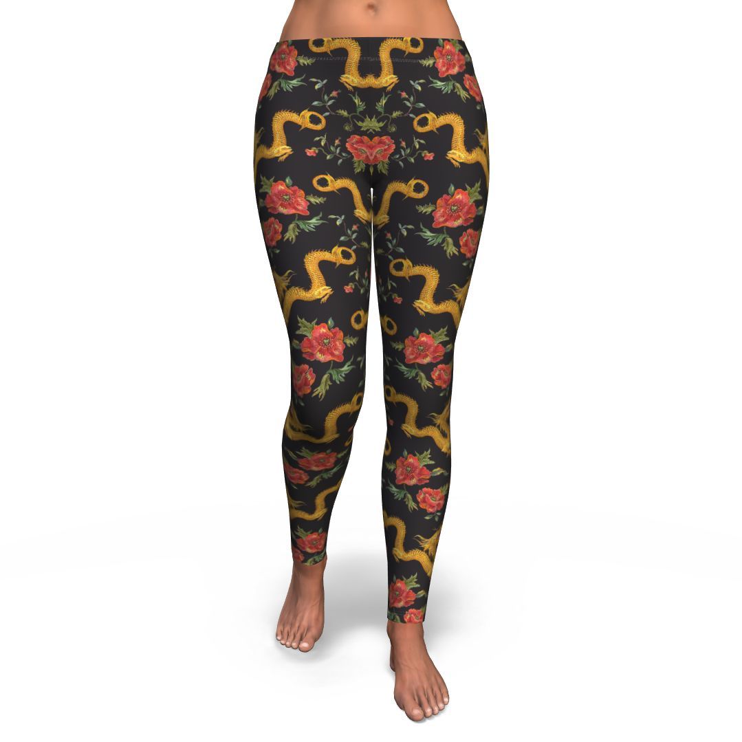 Chinese Dragon Rose Pattern Print Pattern Women Leggings-grizzshop