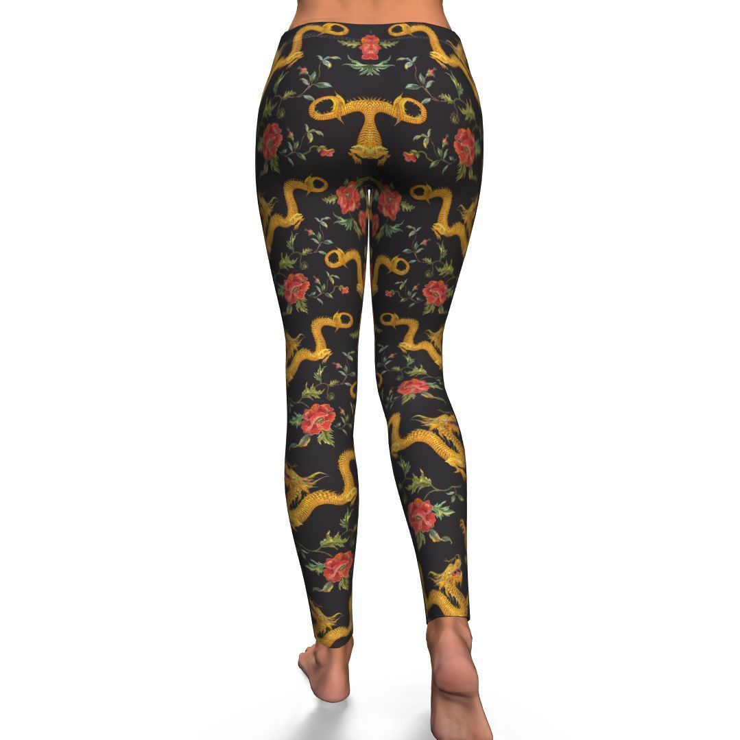 Chinese Dragon Rose Pattern Print Pattern Women Leggings-grizzshop