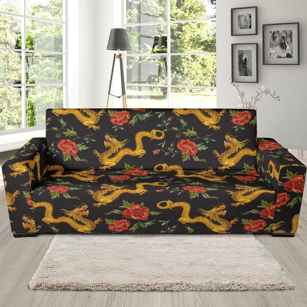 Chinese Dragon Rose Pattern Print Sofa Covers-grizzshop