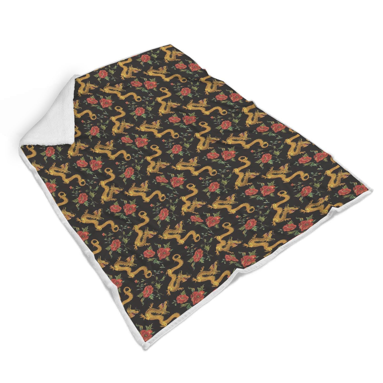 Chinese Dragon Rose Pattern Print Throw Blanket-grizzshop