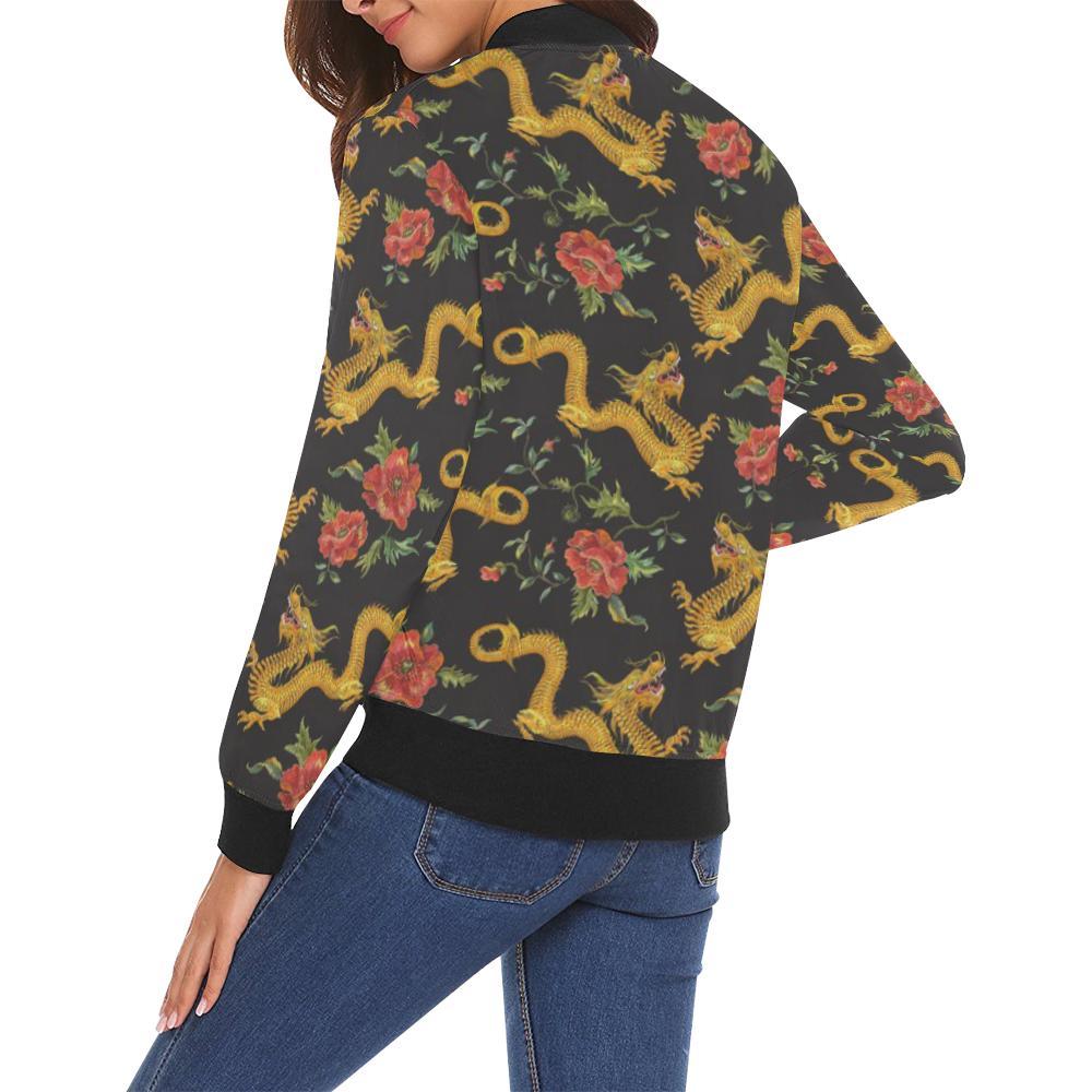 Chinese Dragon Rose Pattern Print Women Casual Bomber Jacket-grizzshop
