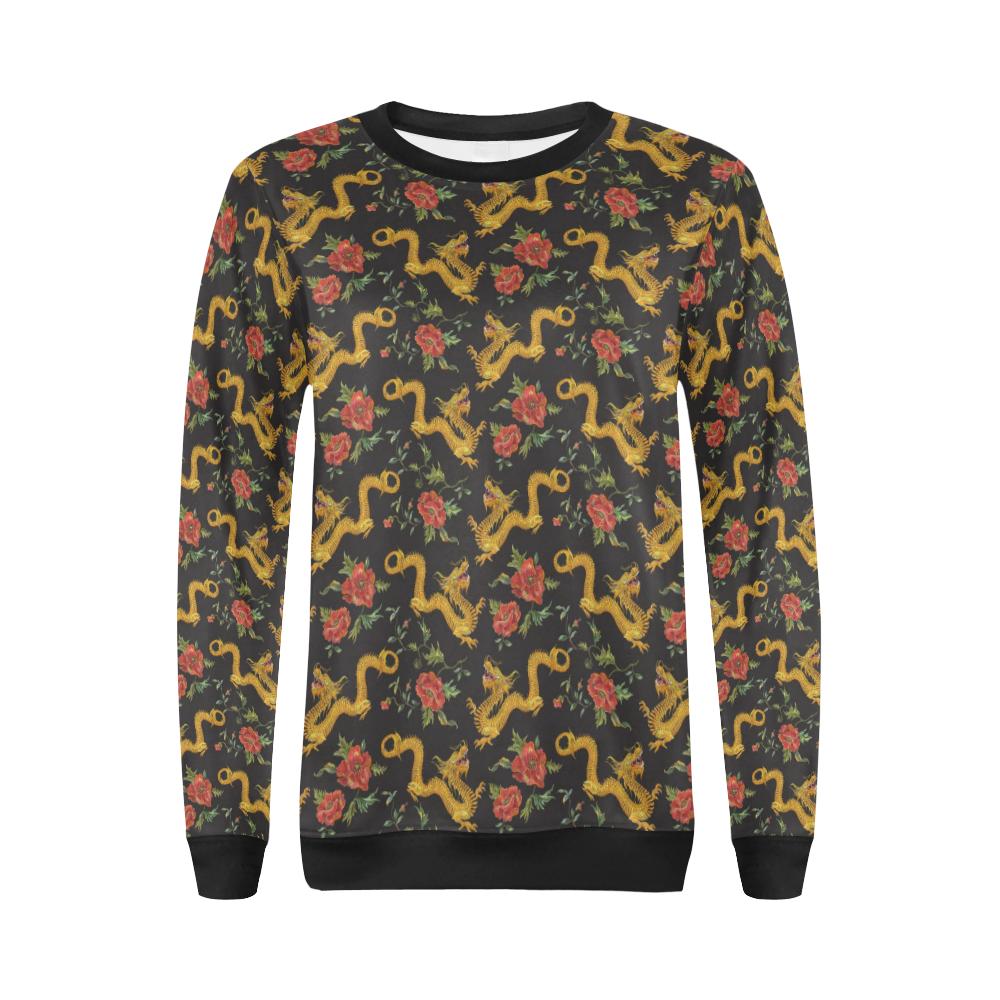 Chinese Dragon Rose Pattern Print Women Crewneck Sweatshirt-grizzshop