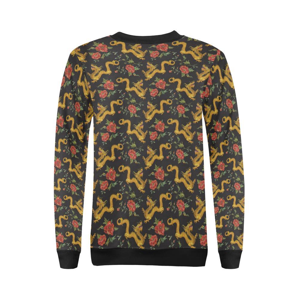 Chinese Dragon Rose Pattern Print Women Crewneck Sweatshirt-grizzshop