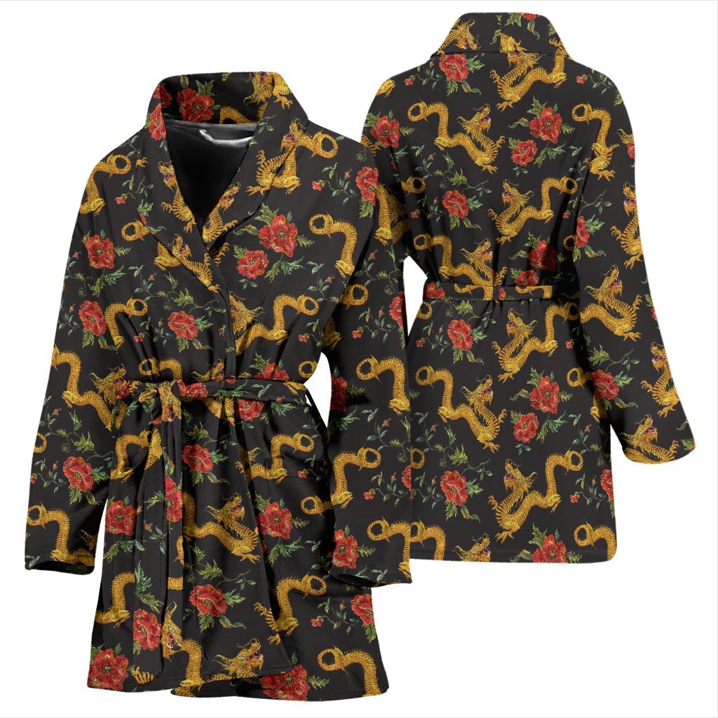 Chinese Dragon Rose Pattern Print Women Long Robe-grizzshop